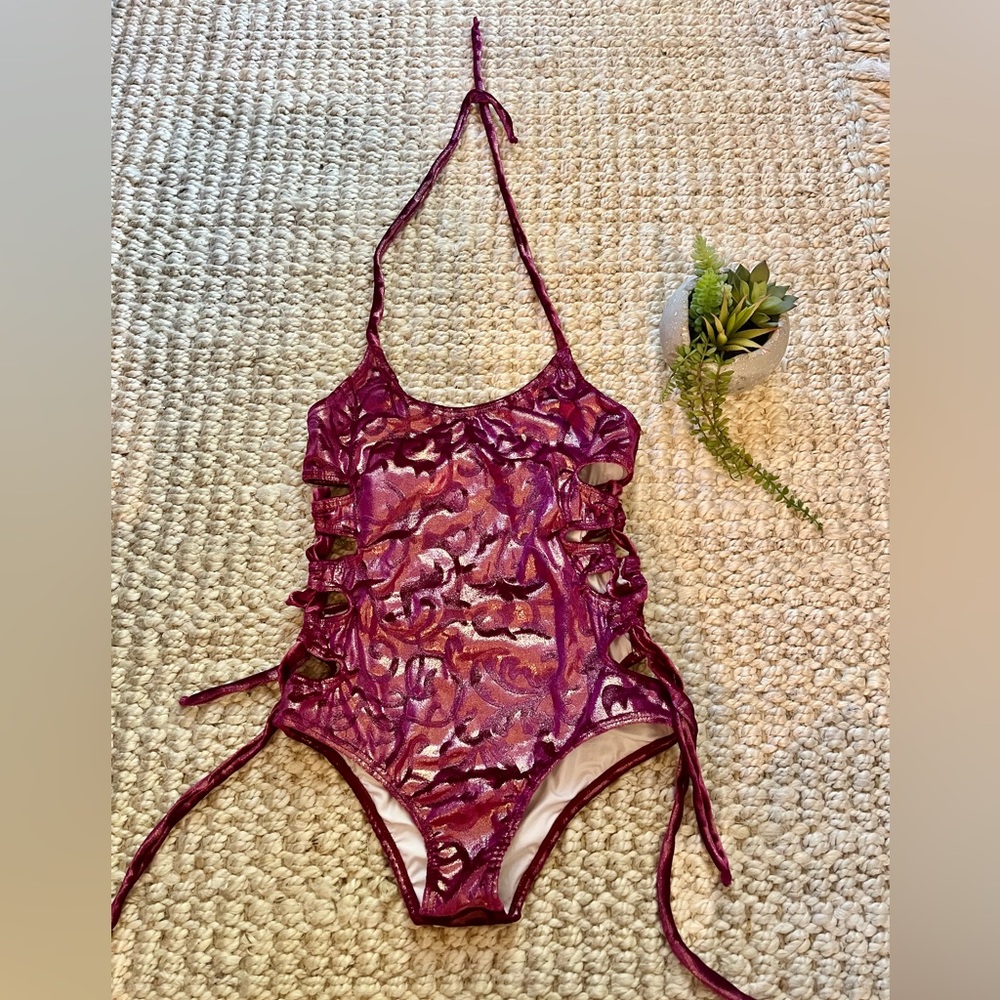 Custom one piece swimsuit in magenta/purple